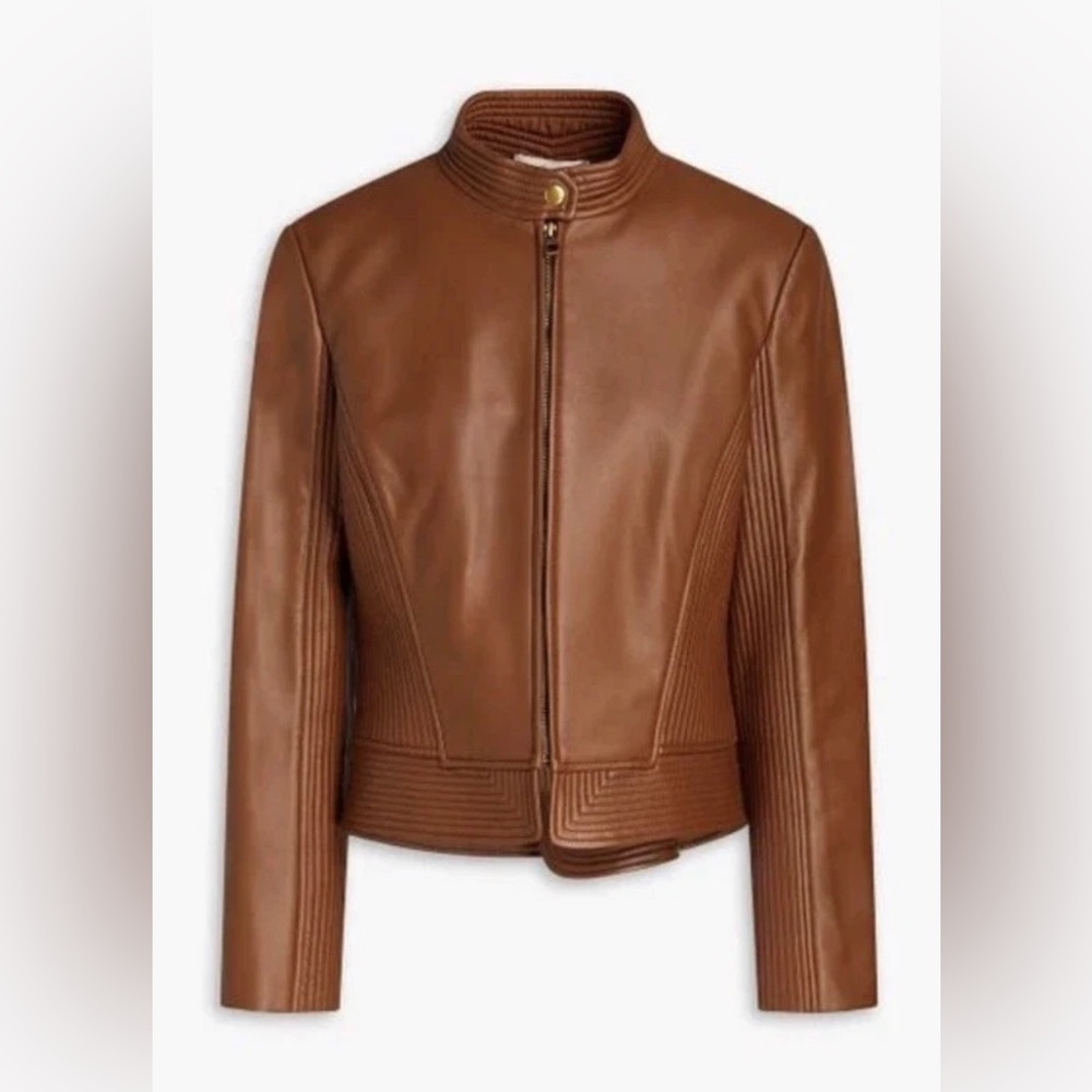 Tory Burch Calista Riding Saddle Brown Caramel Leather Moto Quilted Jacket $995